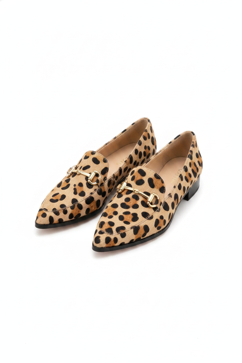 Leopard Print Pointed-Toe Buckle Loafers
