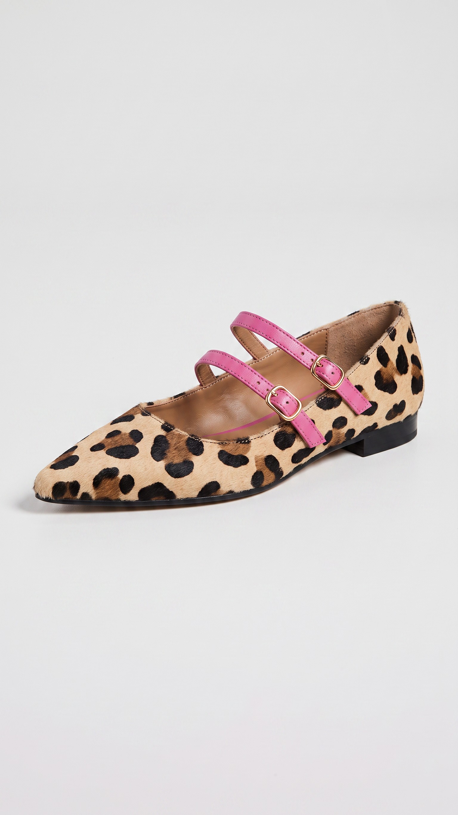 Leopard Print Pointed-Toe Double Strap Mary Jane Flats