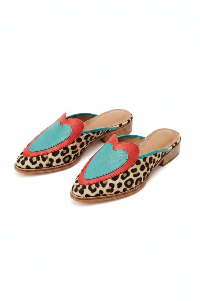 Leopard Print Pointed-Toe Heart-Detail Slip-On Mules