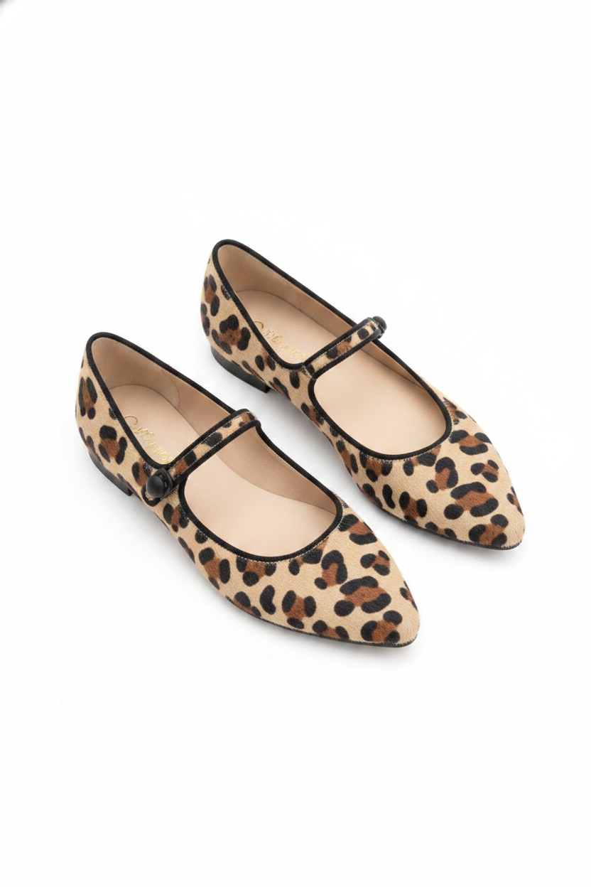 Leopard Print Pointed-Toe Mary Jane Flats