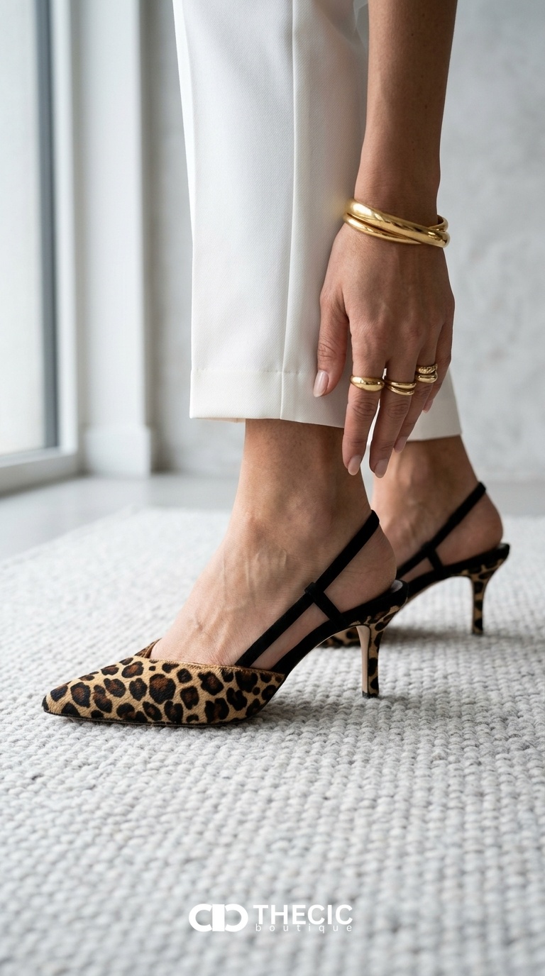 Leopard Print Pointed-Toe Slingback Kitten Heels
