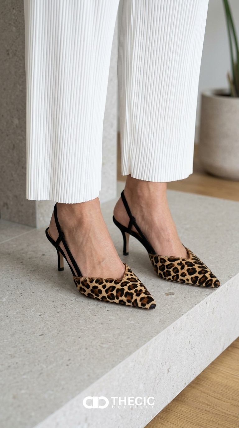 Leopard Print Pointed-Toe Slingback Kitten Heels