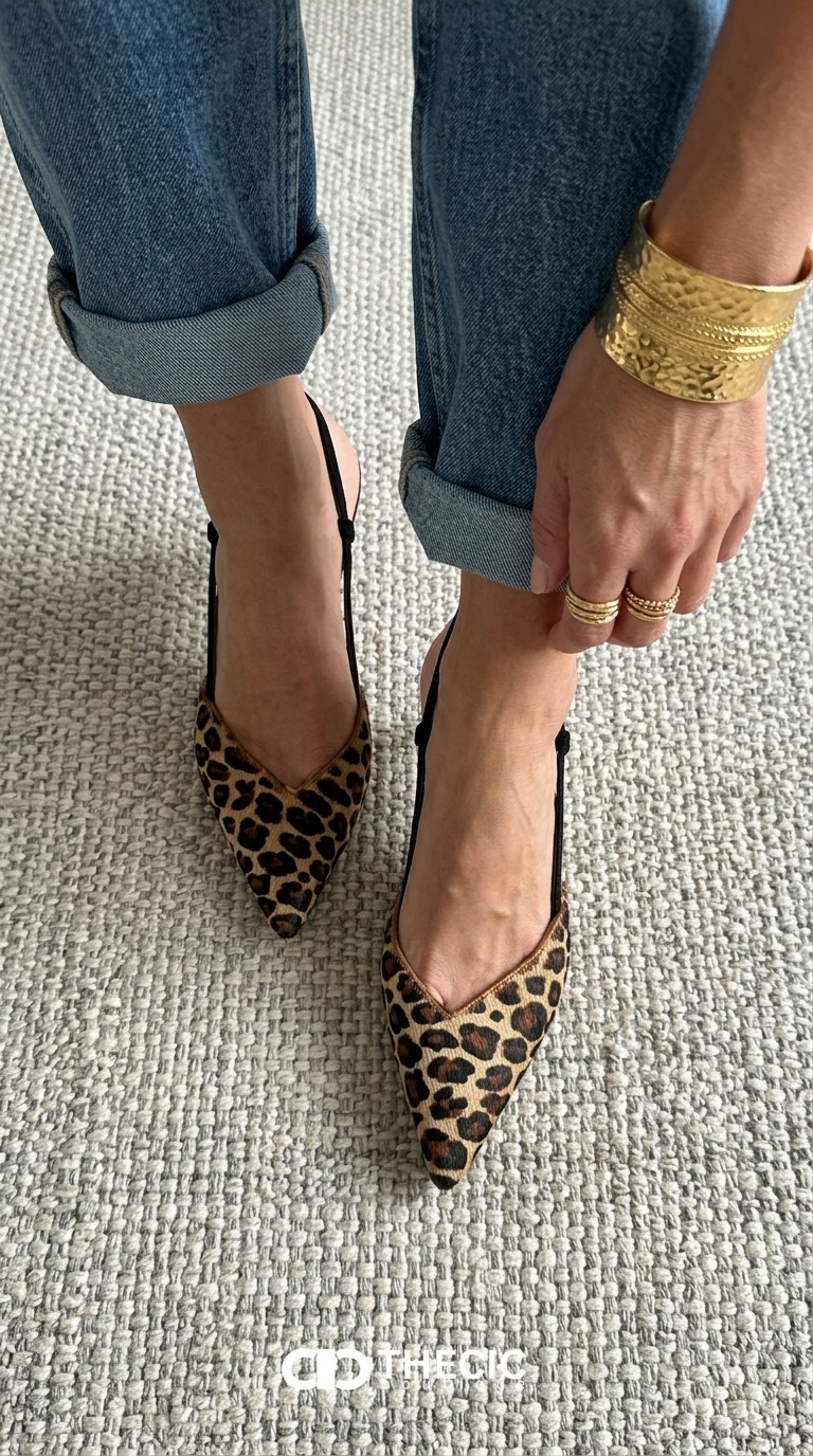 Leopard Print Pointed-Toe Slingback Kitten Heels