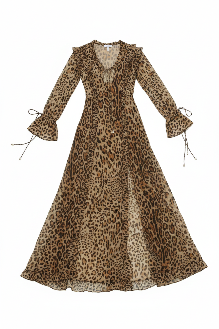 Leopard Print Ruffle Trim High Slit Maxi Dress