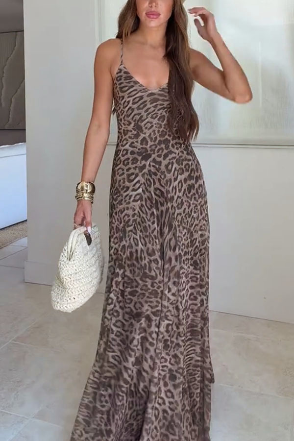 Leopard Print Spaghetti Strap Flowy Maxi Dress