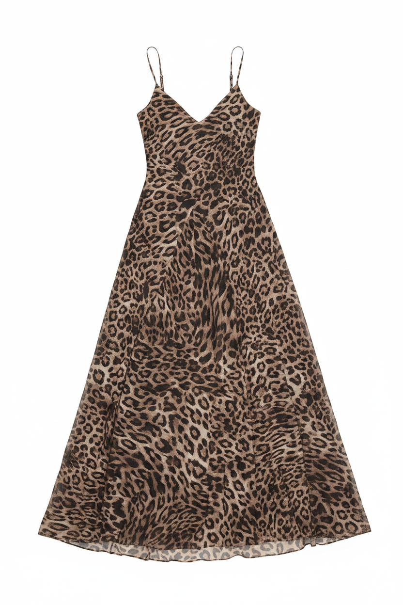 Leopard Print Spaghetti Strap Flowy Maxi Dress