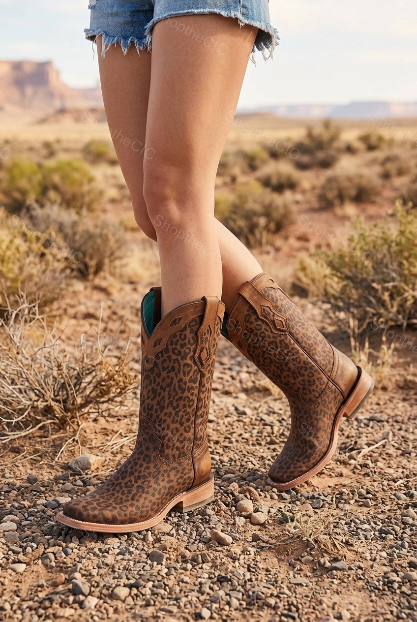 Leopard Print Square-Toe Mid-Calf Western Boots