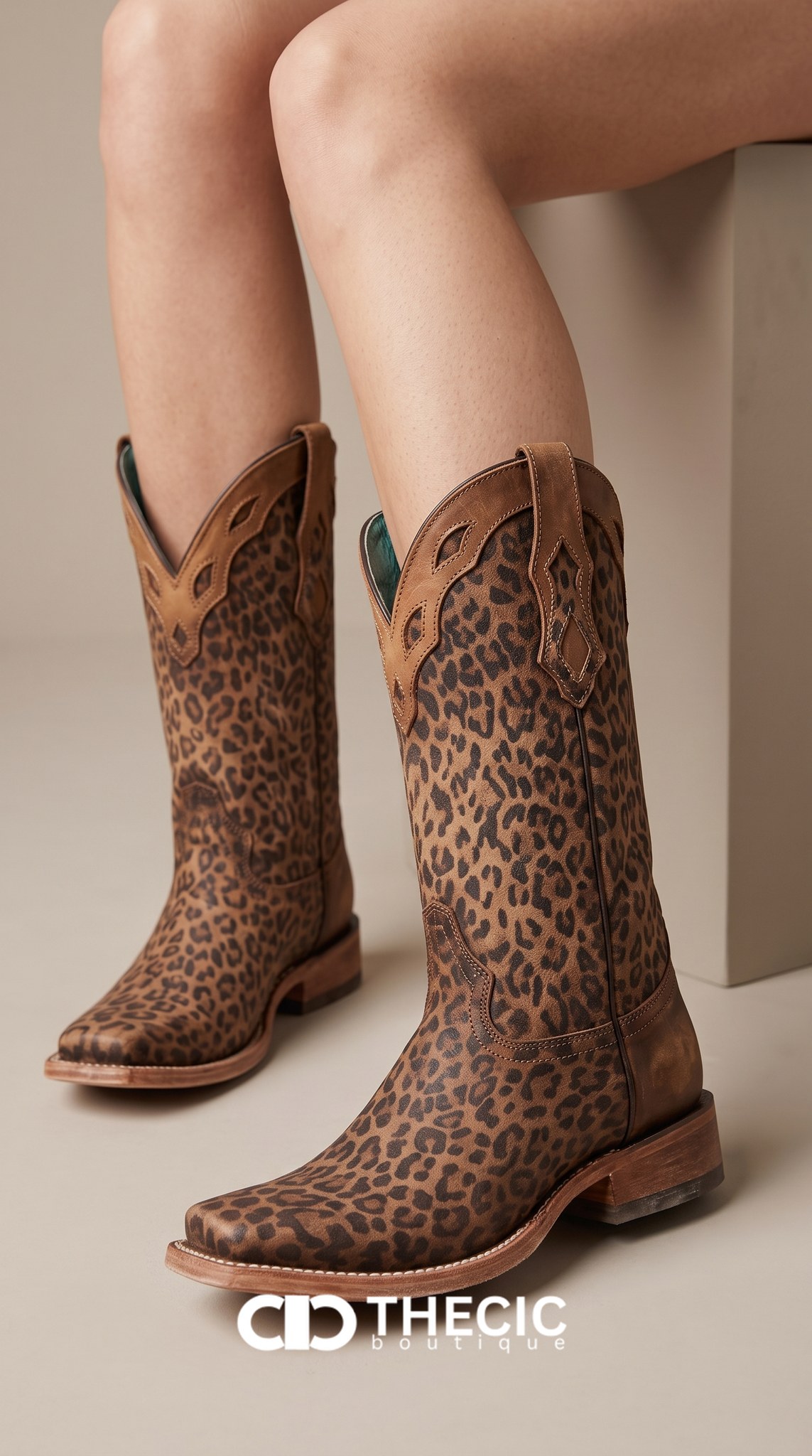 Leopard Print Square-Toe Mid-Calf Western Boots