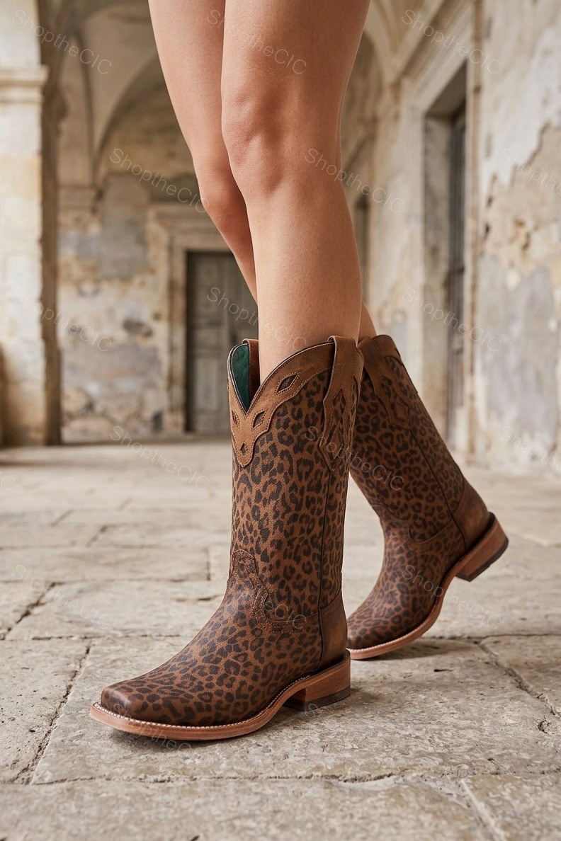 Leopard Print Square-Toe Mid-Calf Western Boots
