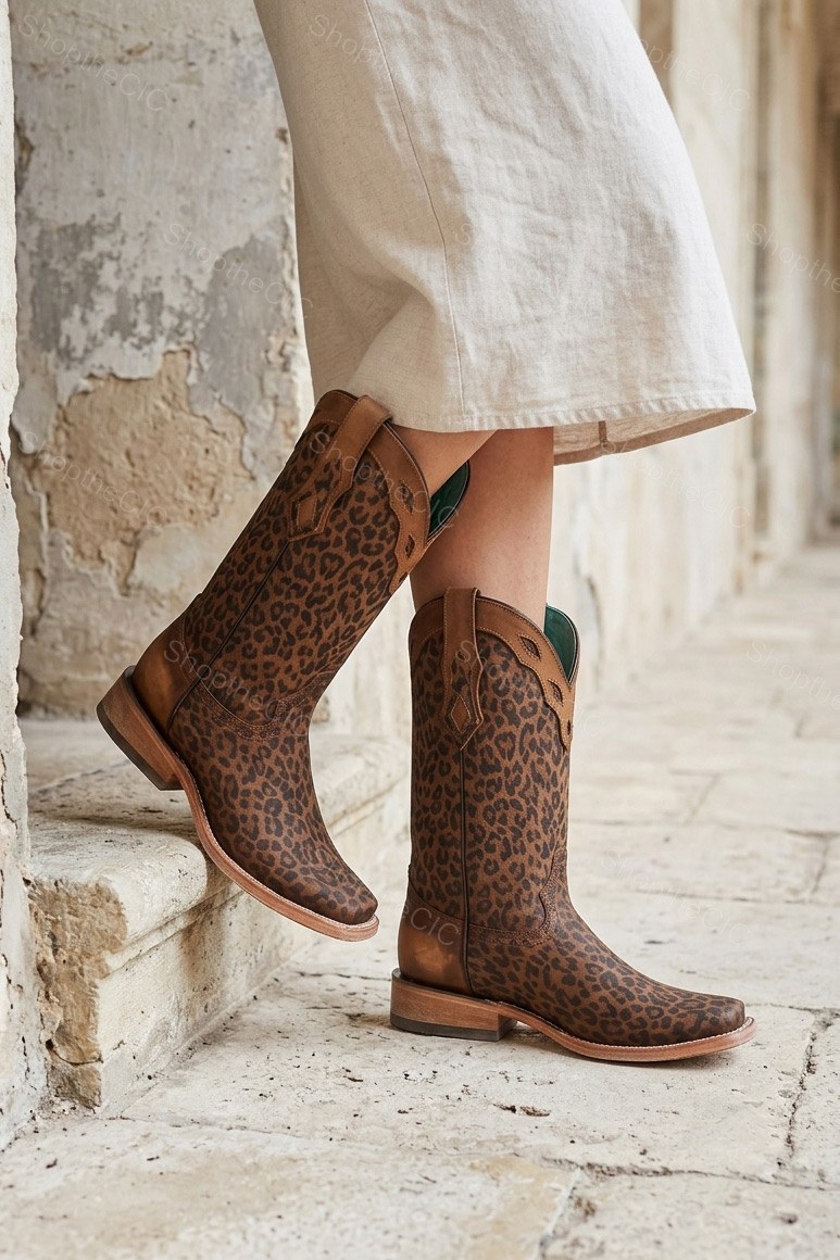 Leopard Print Square-Toe Mid-Calf Western Boots