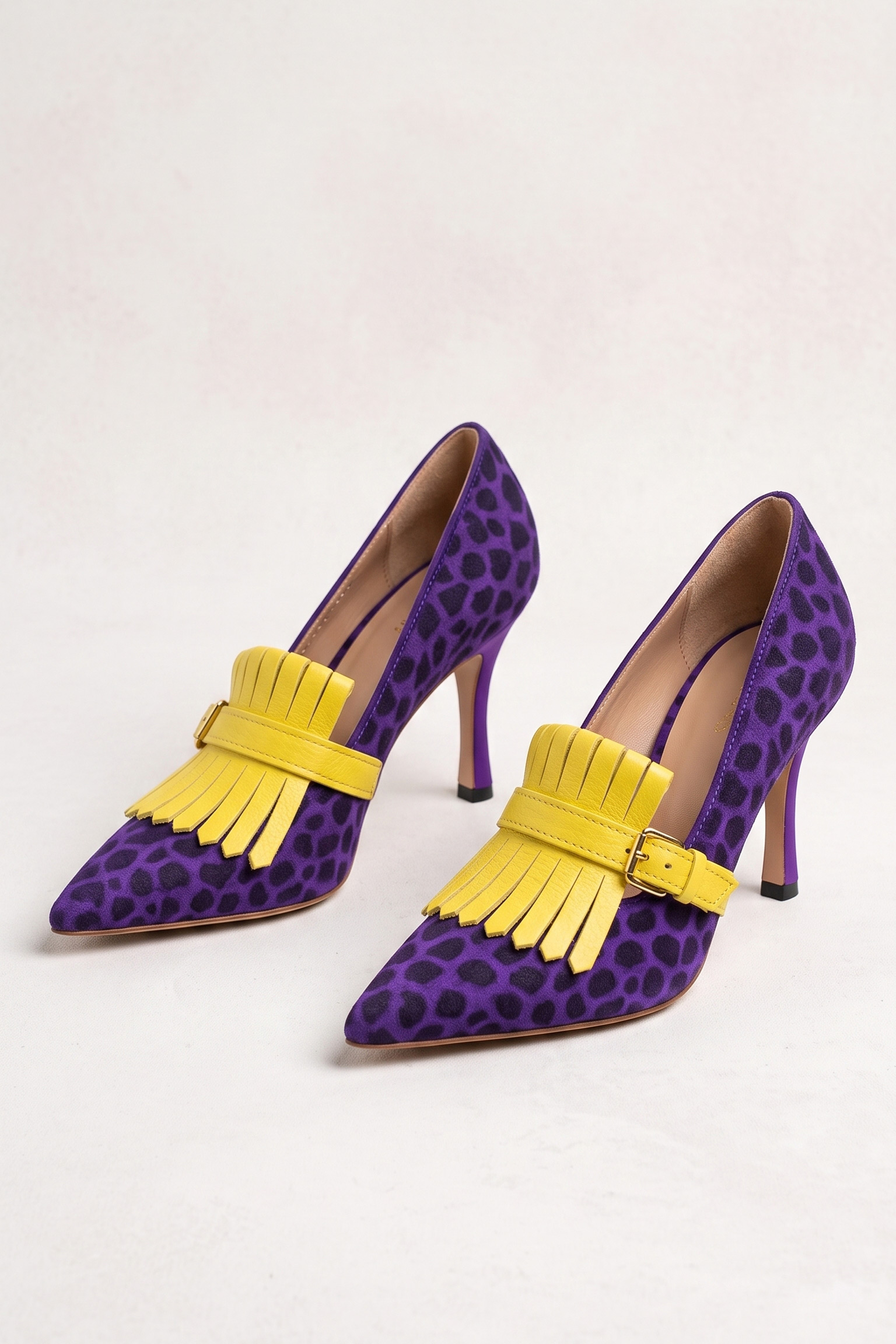 Leopard Print Suede Pointed-Toe Fringe Pumps