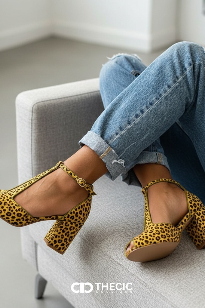 Leopard Print T-Strap Block Heel Pumps