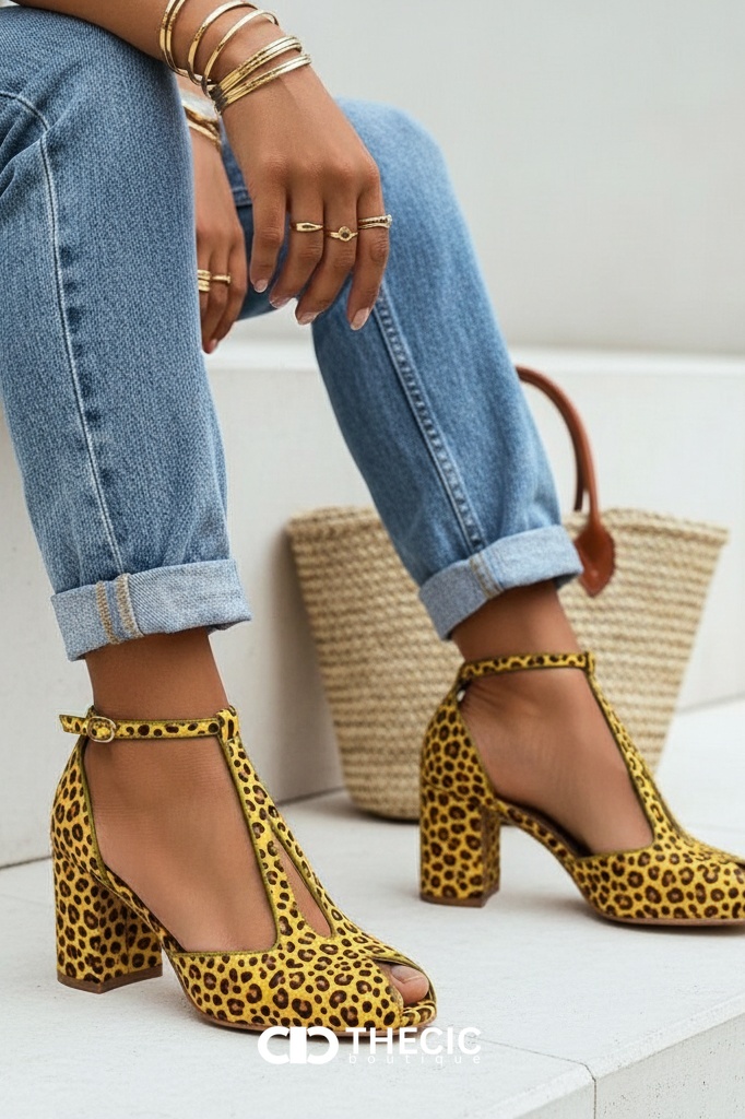 Leopard Print T-Strap Block Heel Pumps