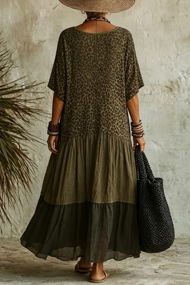 Leopard Print Tiered V-Neck Maxi Dress
