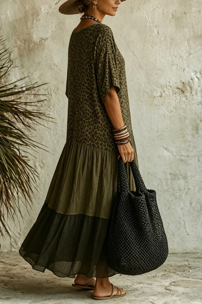 Leopard Print Tiered V-Neck Maxi Dress