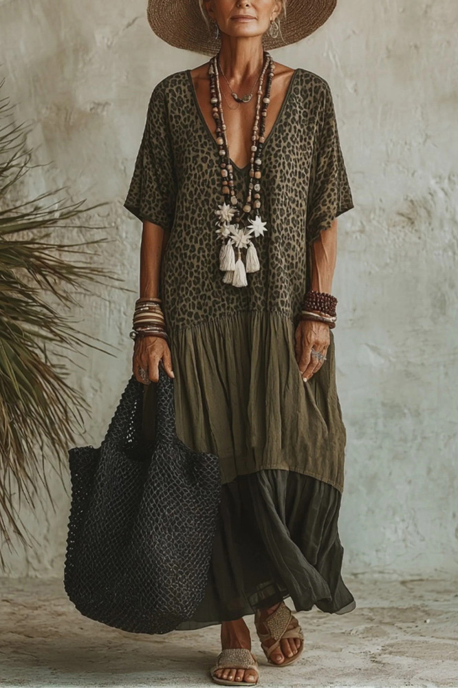 Leopard Print Tiered V-Neck Maxi Dress
