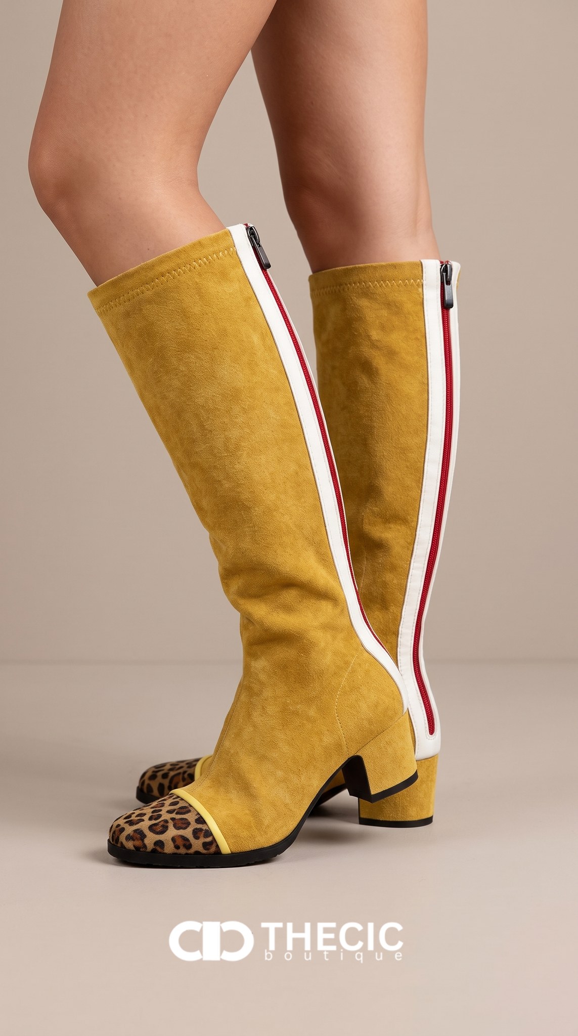 Leopard Toe Contrast Stripe Knee-High Boots