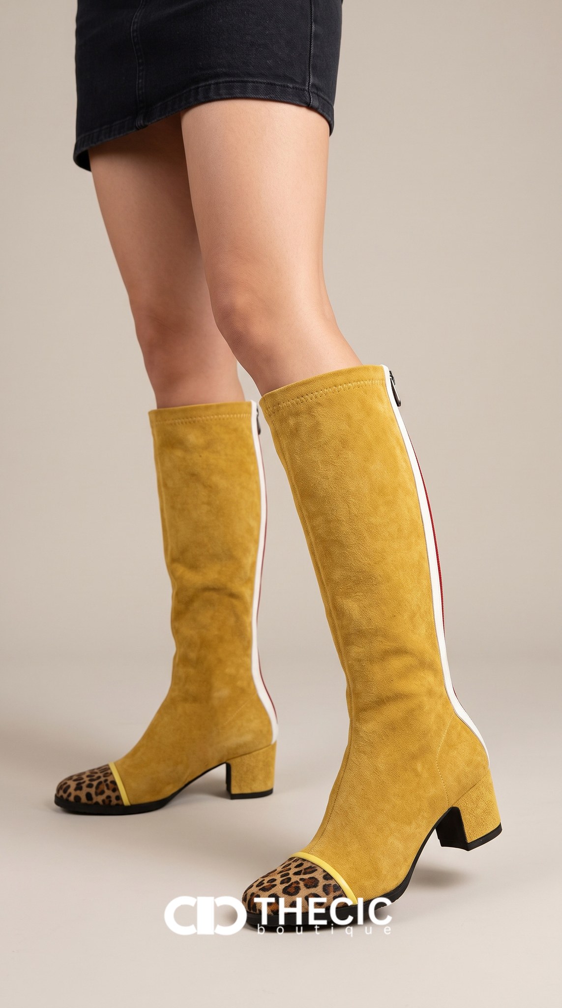 Leopard Toe Contrast Stripe Knee-High Boots