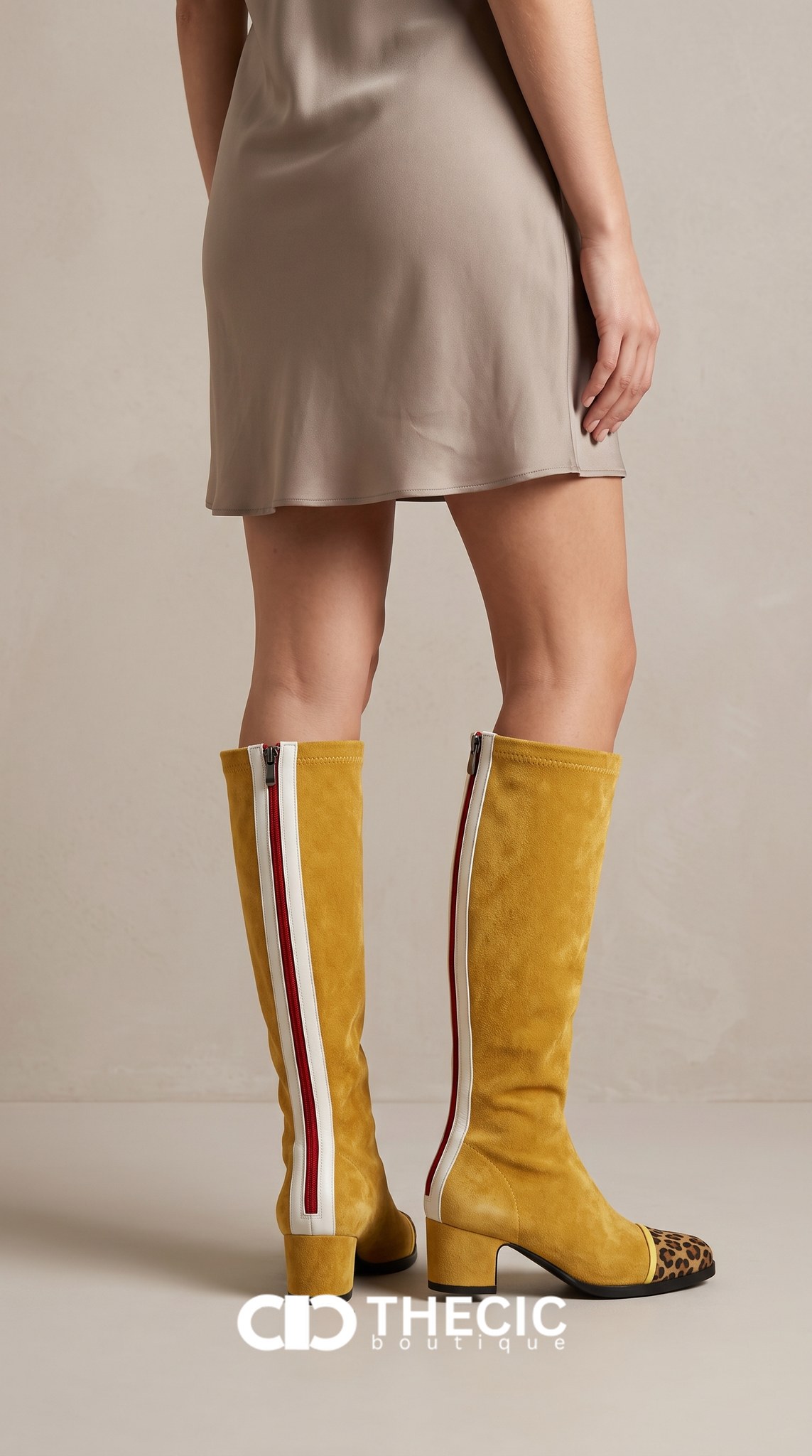 Leopard Toe Contrast Stripe Knee-High Boots