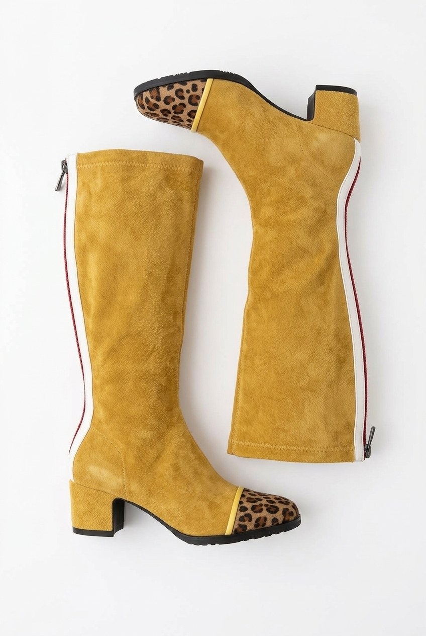 Leopard Toe Contrast Stripe Knee-High Boots