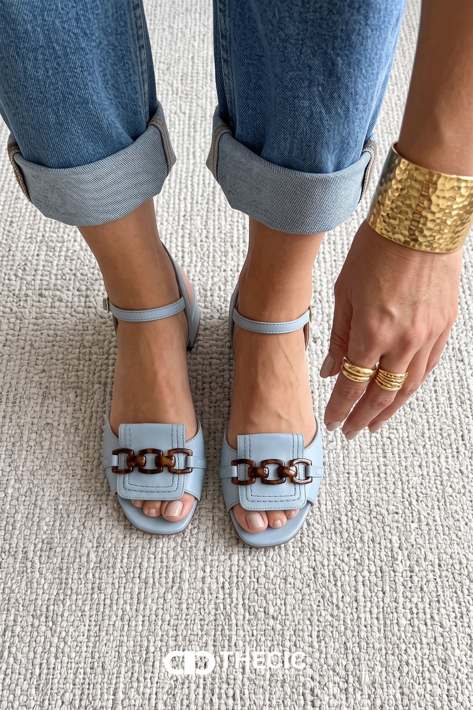 Light Blue Chain-Link Block Heel Sandals