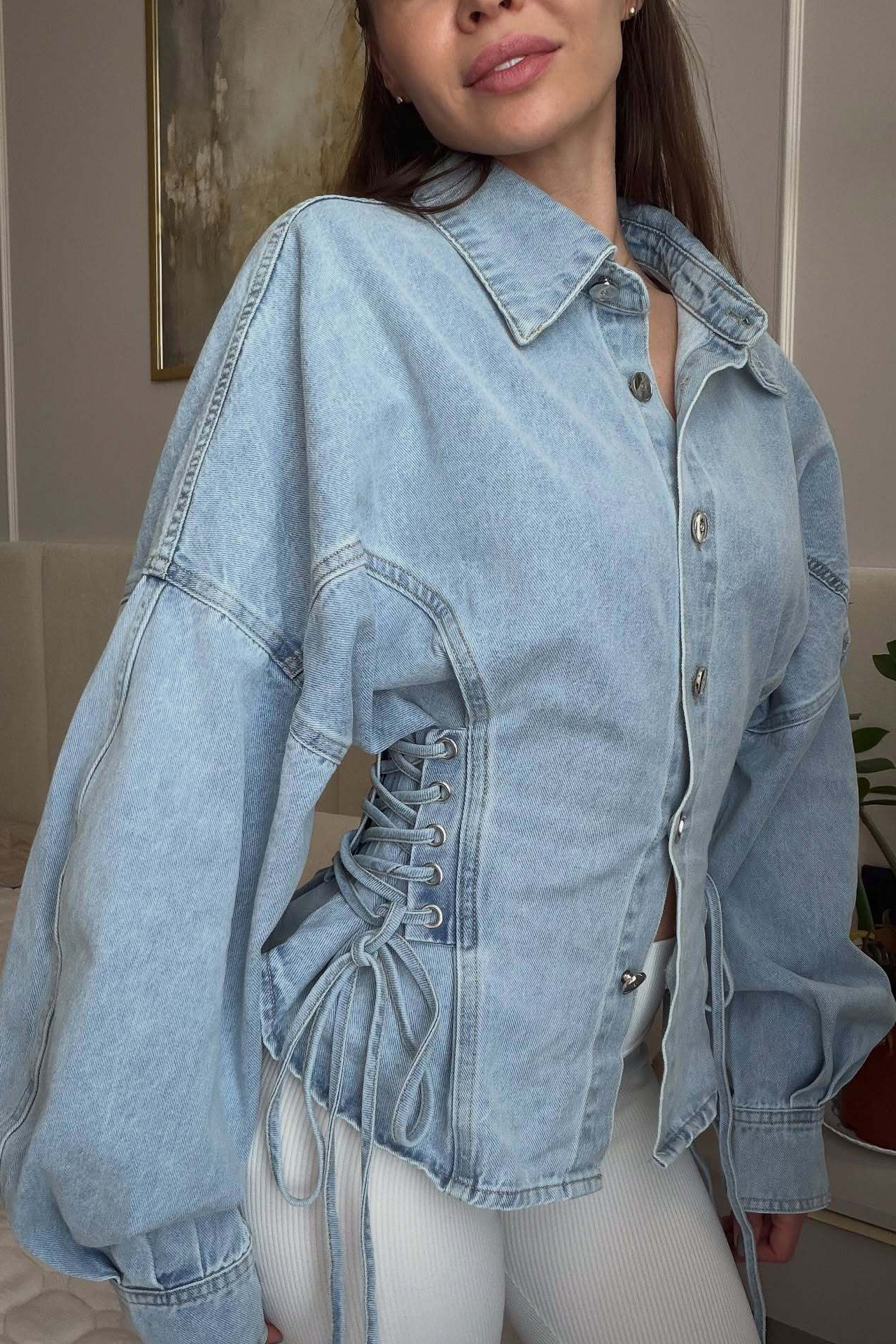 Light Wash Denim Corset Lace-Up Oversized Sleeve Jacket