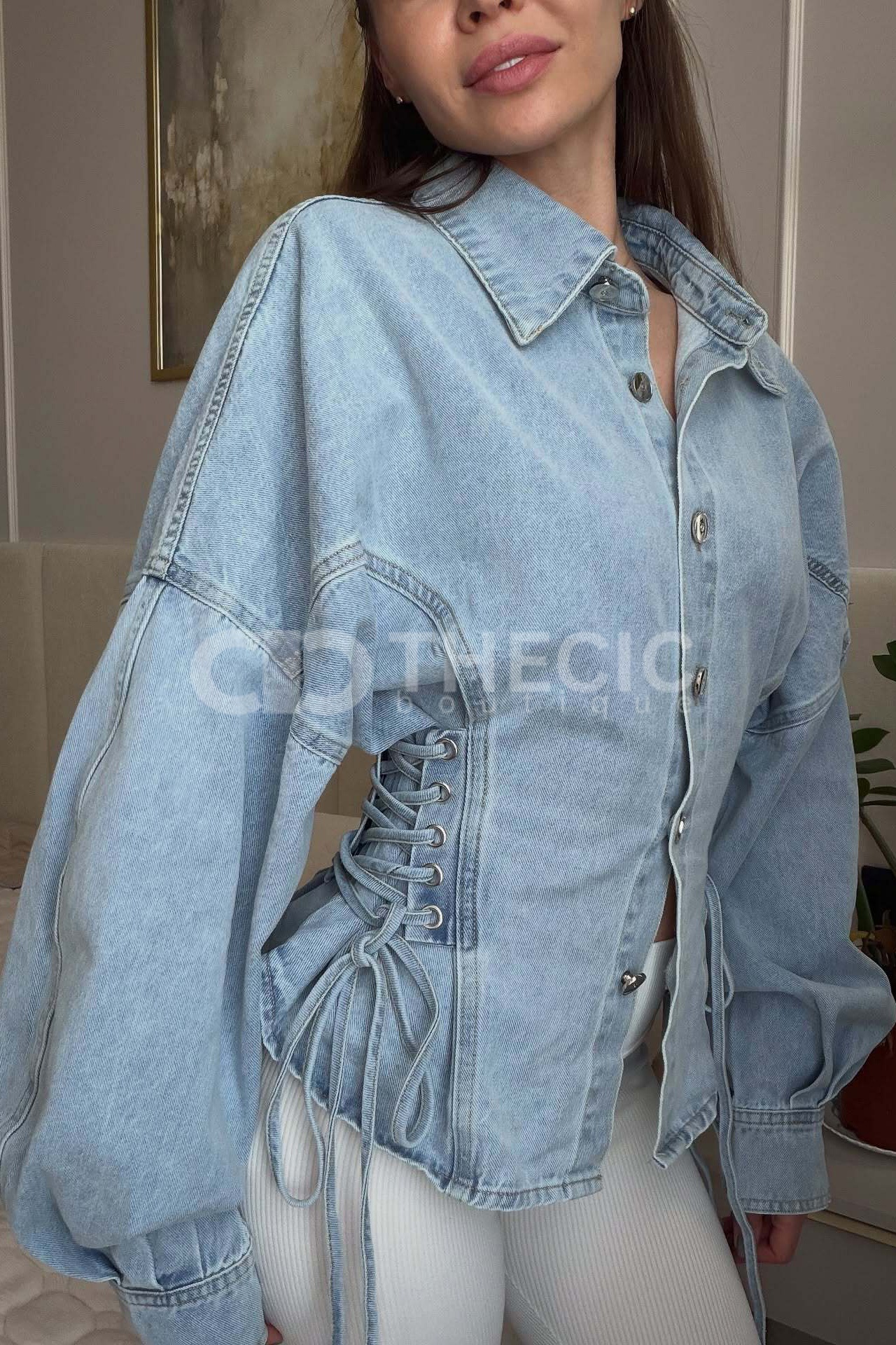 Light Wash Denim Corset Lace-Up Oversized Sleeve Jacket