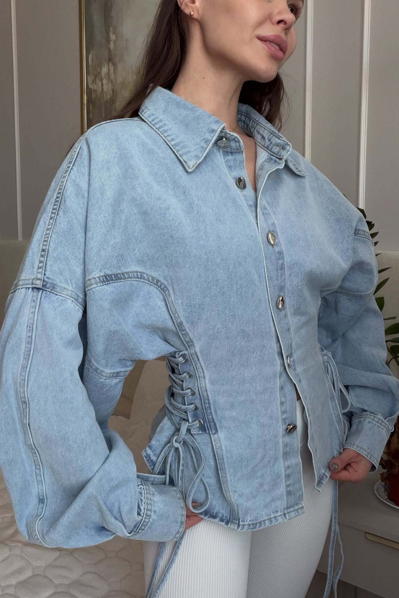 Light Wash Denim Corset Lace-Up Oversized Sleeve Jacket