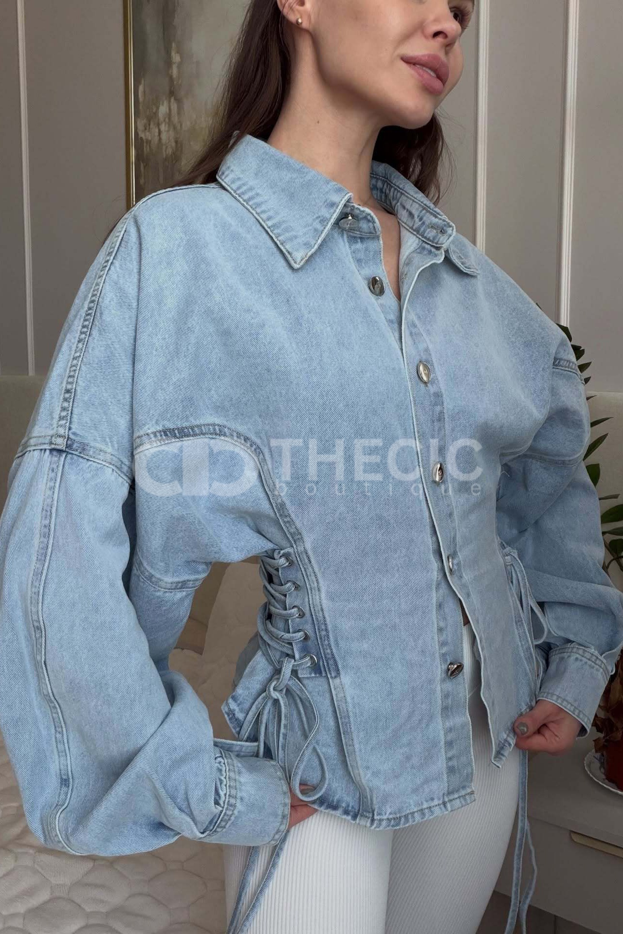 Light Wash Denim Corset Lace-Up Oversized Sleeve Jacket
