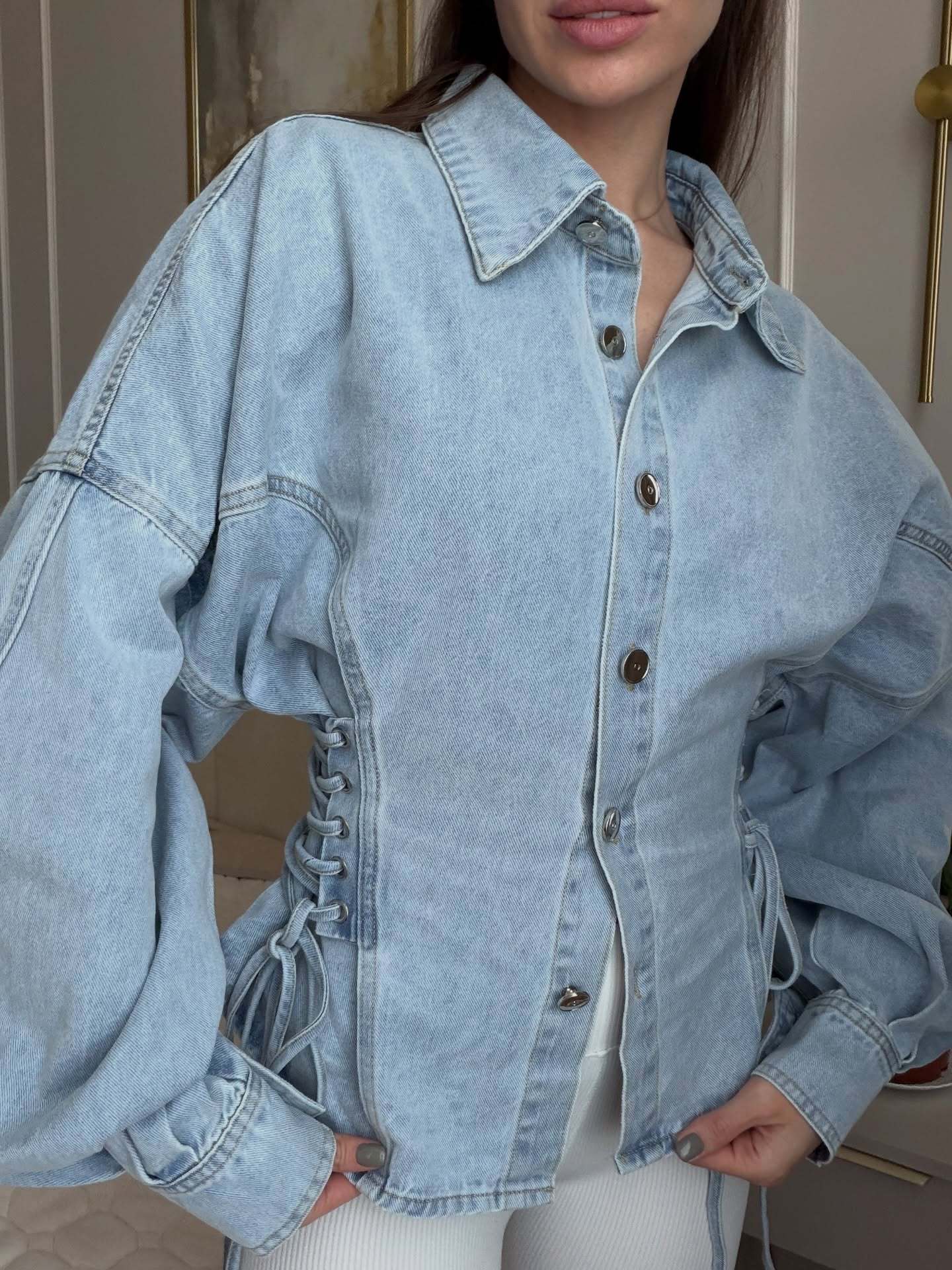 Light Wash Denim Corset Lace-Up Oversized Sleeve Jacket