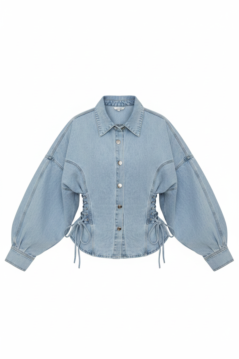 Light Wash Denim Corset Lace-Up Oversized Sleeve Jacket