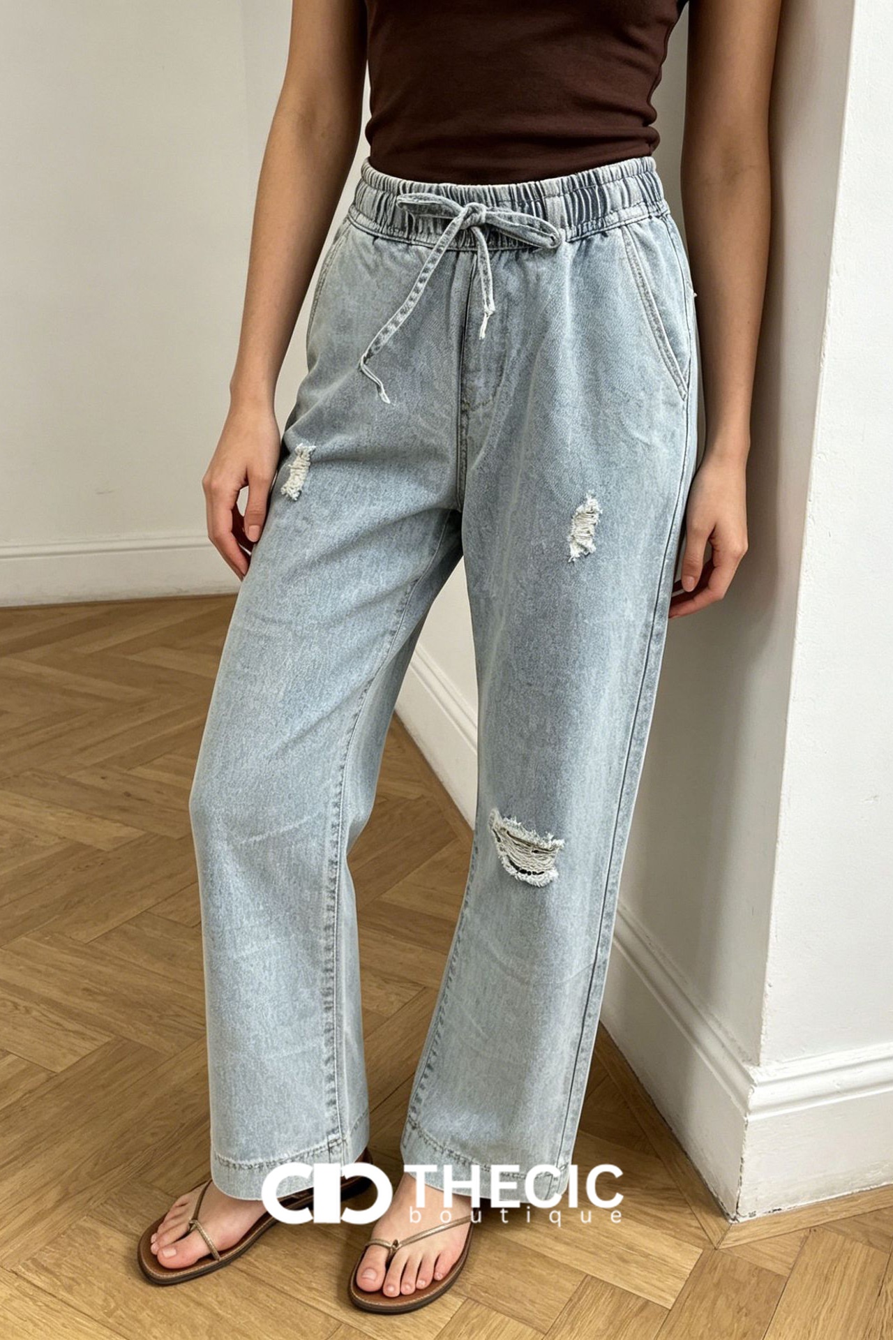 Light Wash Distressed Wide-Leg Drawstring Jeans