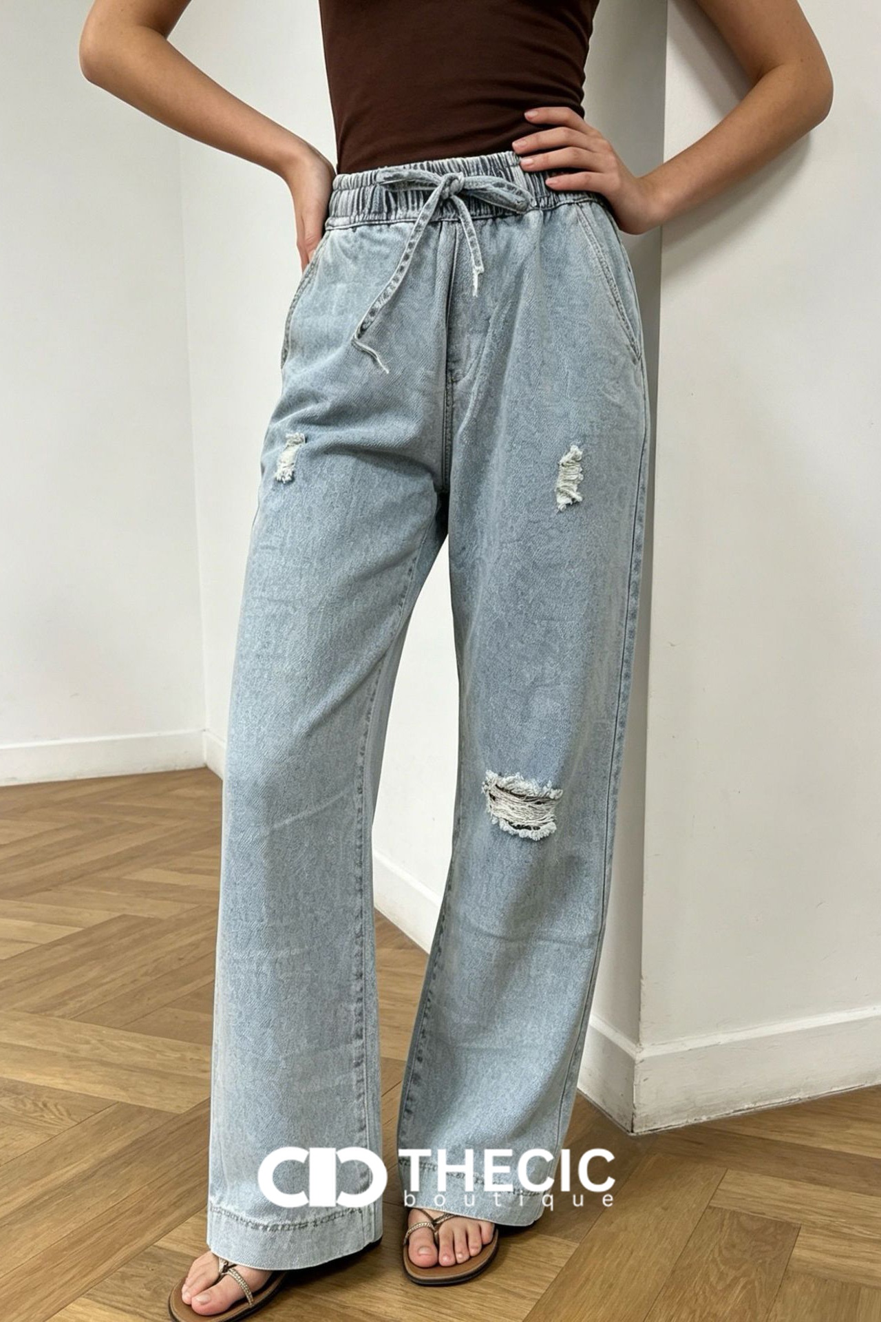 Light Wash Distressed Wide-Leg Drawstring Jeans