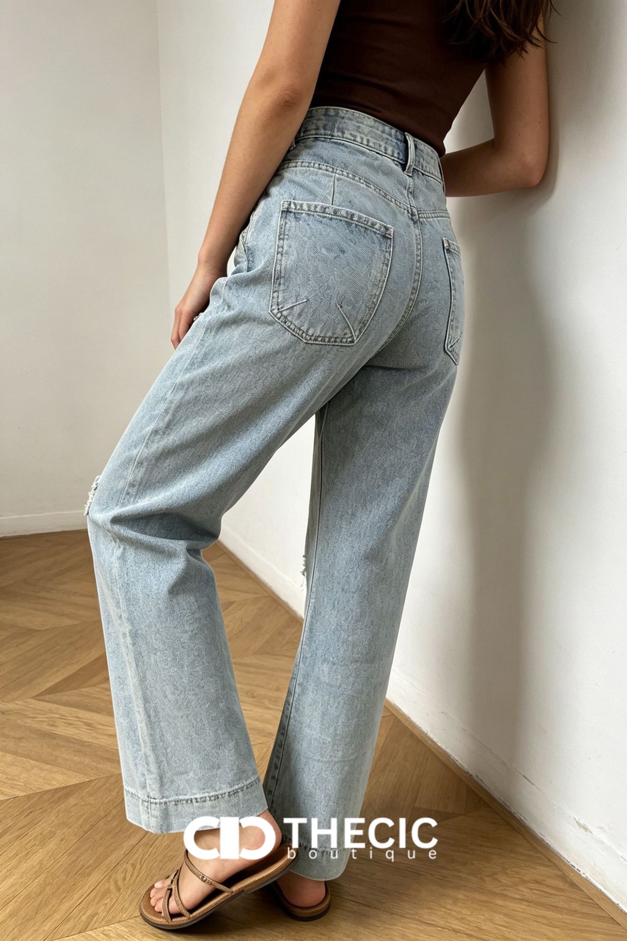 Light Wash Distressed Wide-Leg Drawstring Jeans