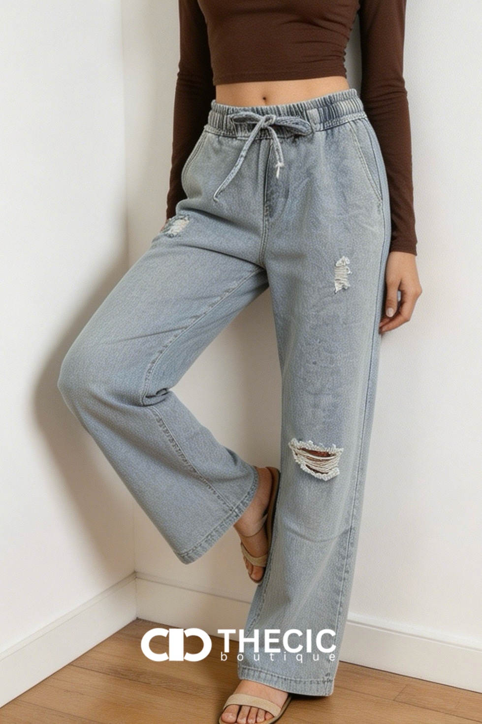 Light Wash Distressed Wide-Leg Drawstring Jeans