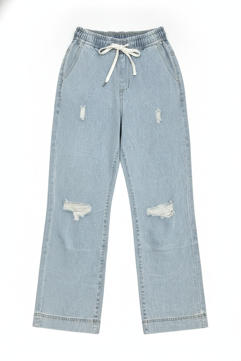 Light Wash Distressed Wide-Leg Drawstring Jeans