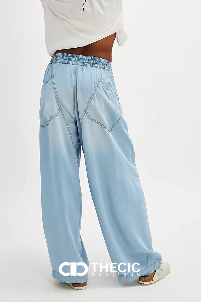 Light Wash Elastic Waist Wide Leg Pants