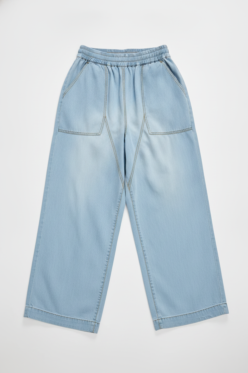 Light Wash Elastic Waist Wide Leg Pants