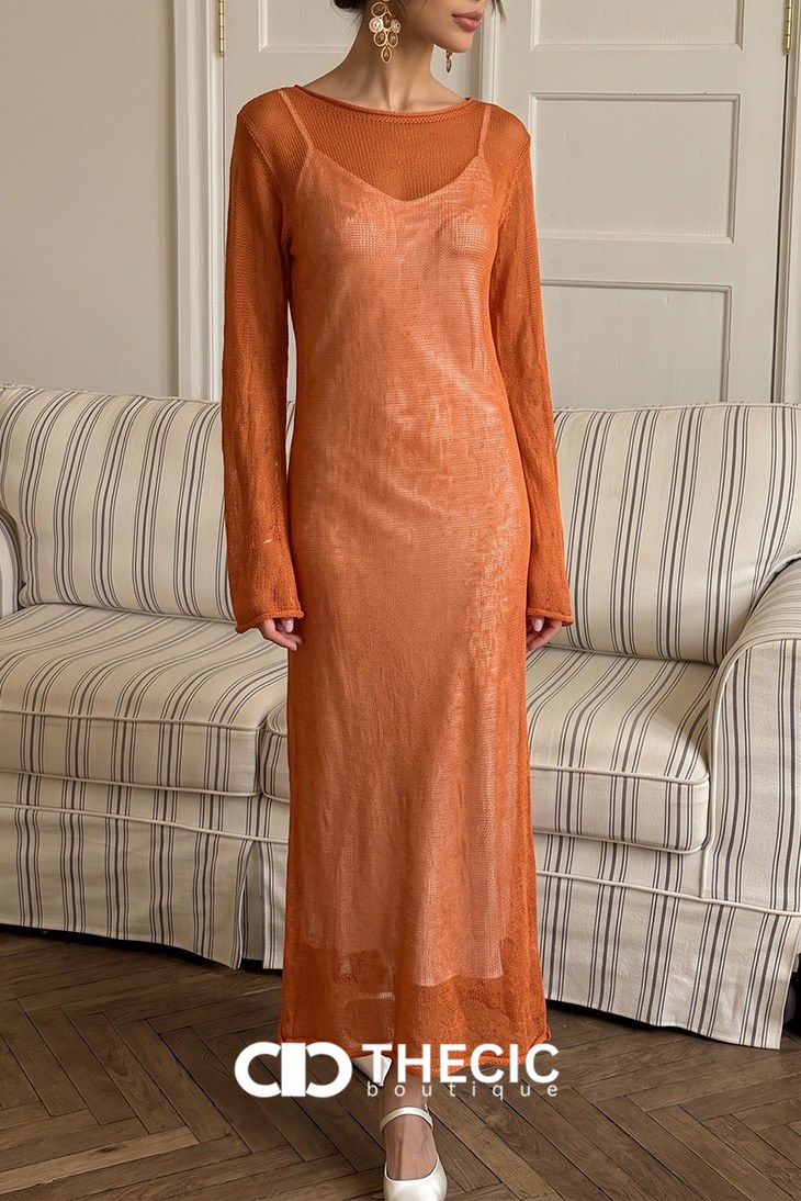 Sheer Knit Long Sleeve Midi Dress Set
