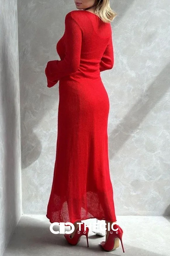 Sheer Knit Long Sleeve Midi Dress Set