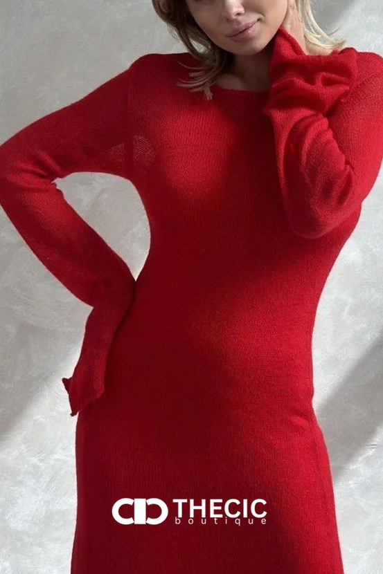 Sheer Knit Long Sleeve Midi Dress Set