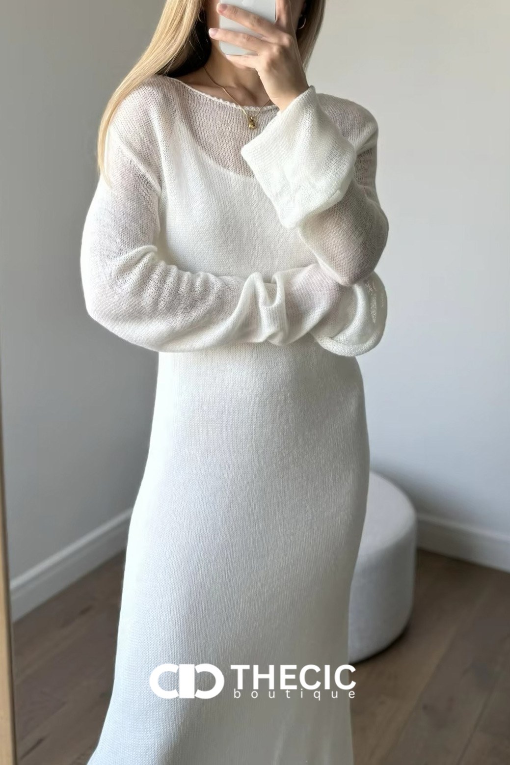 Sheer Knit Long Sleeve Midi Dress Set