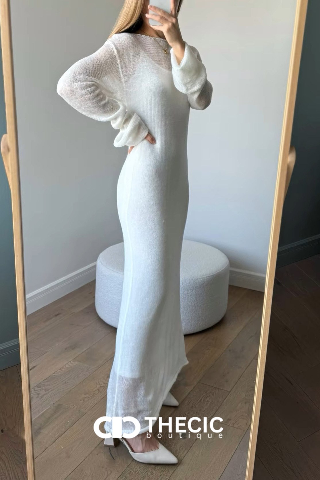 Sheer Knit Long Sleeve Midi Dress Set