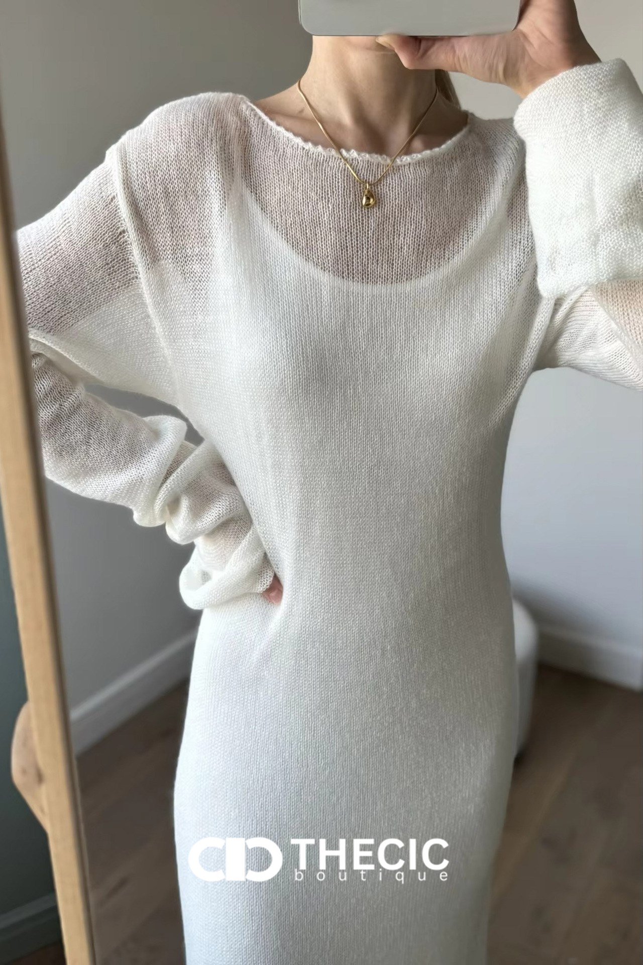 Sheer Knit Long Sleeve Midi Dress Set
