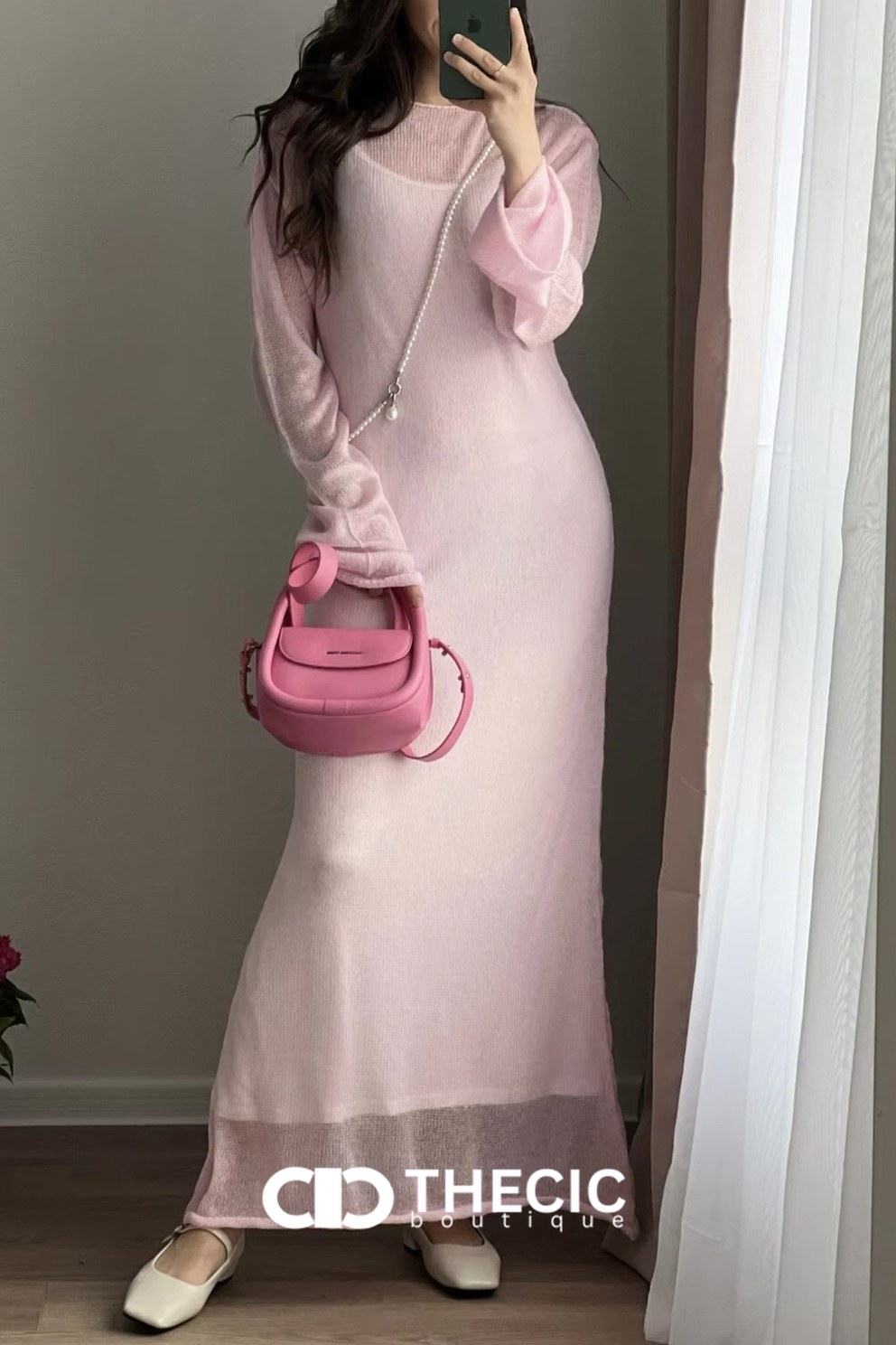 Sheer Knit Long Sleeve Midi Dress Set