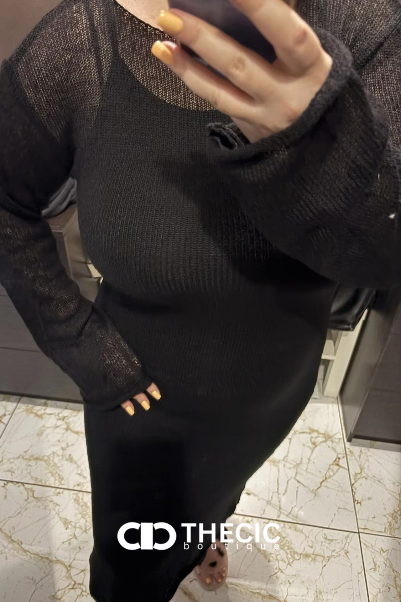Sheer Knit Long Sleeve Midi Dress Set