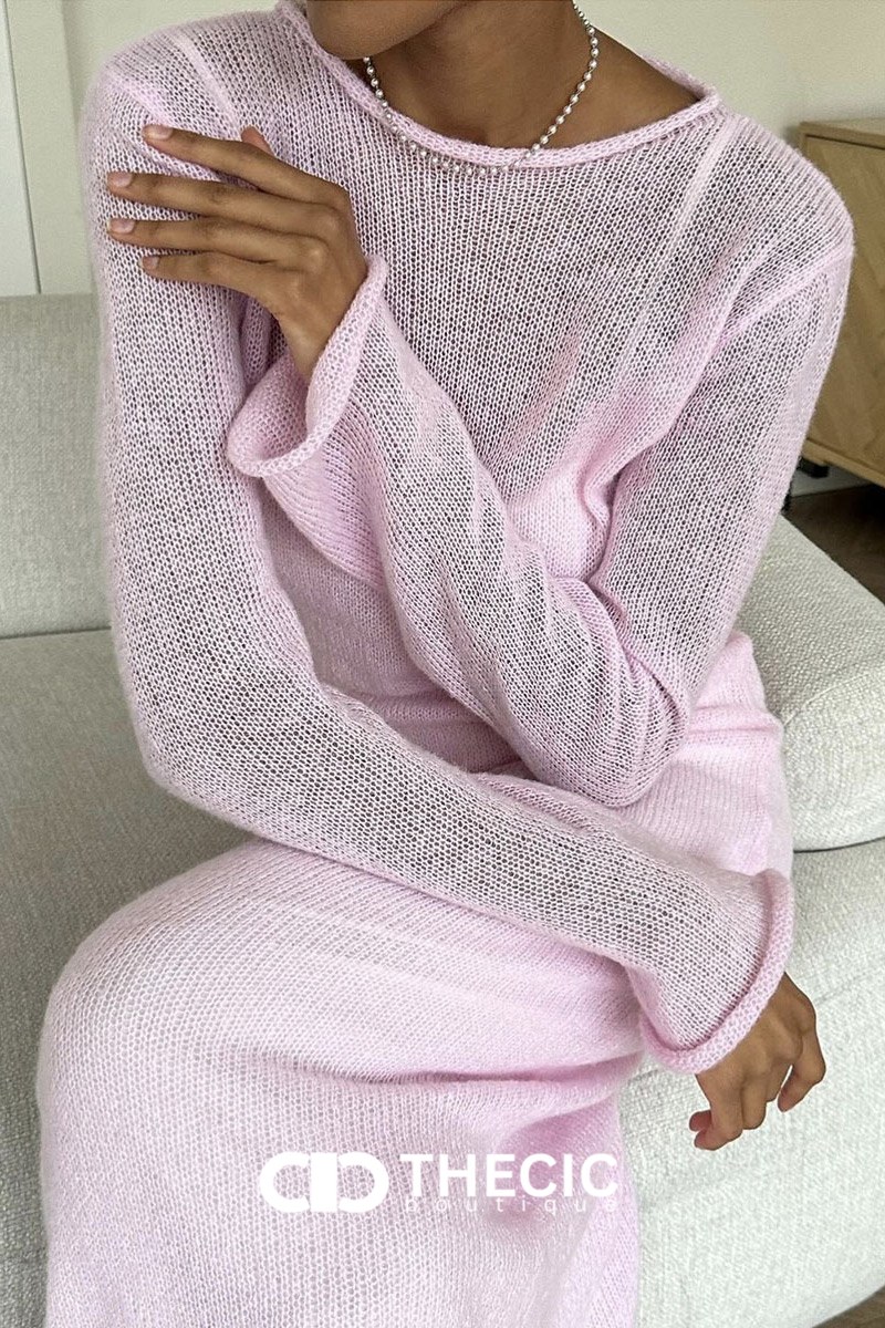 Sheer Knit Long Sleeve Midi Dress Set