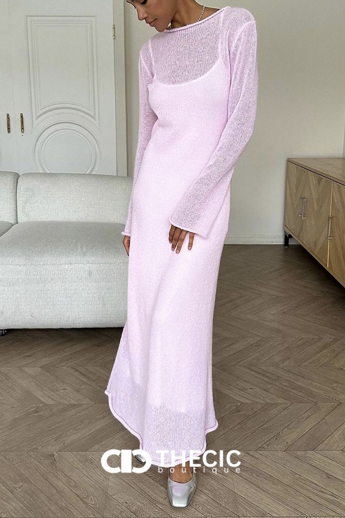 Sheer Knit Long Sleeve Midi Dress Set