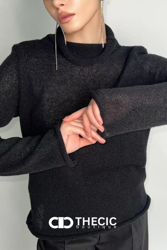 Sheer Knit Mock Neck Long Sleeve Sweater