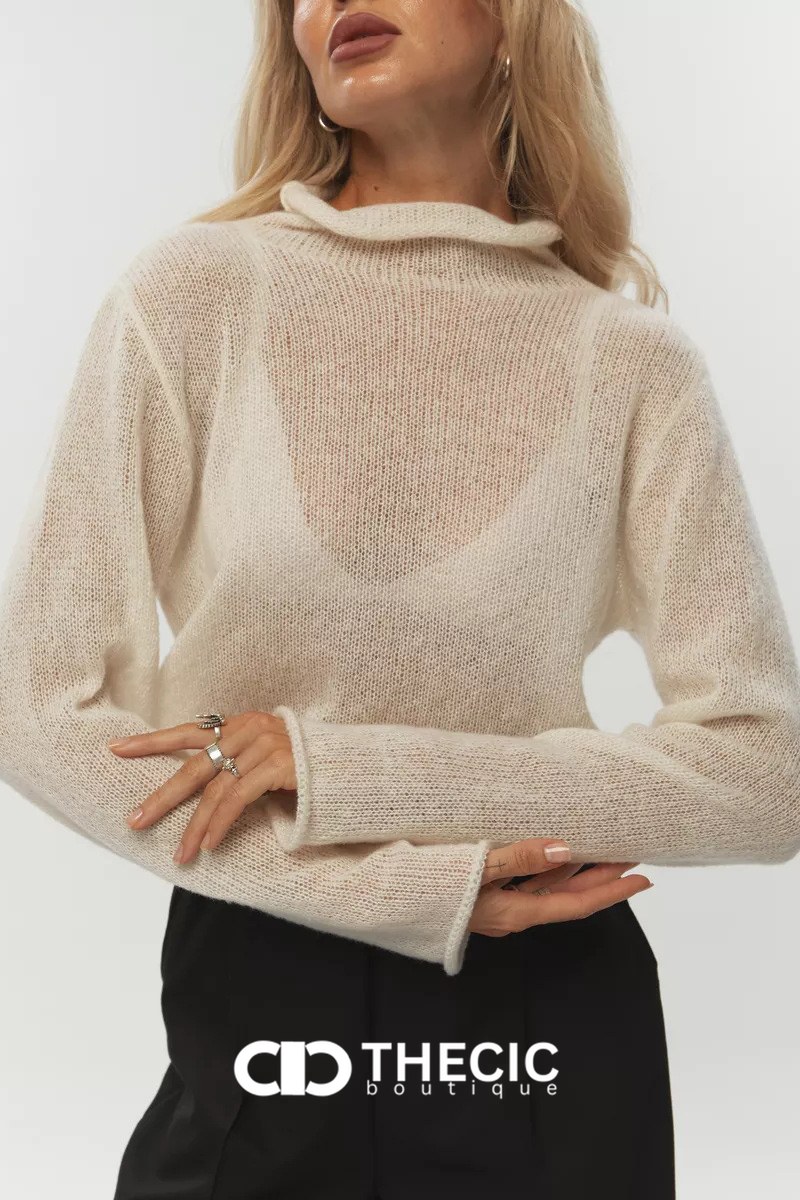 Sheer Knit Mock Neck Long Sleeve Sweater